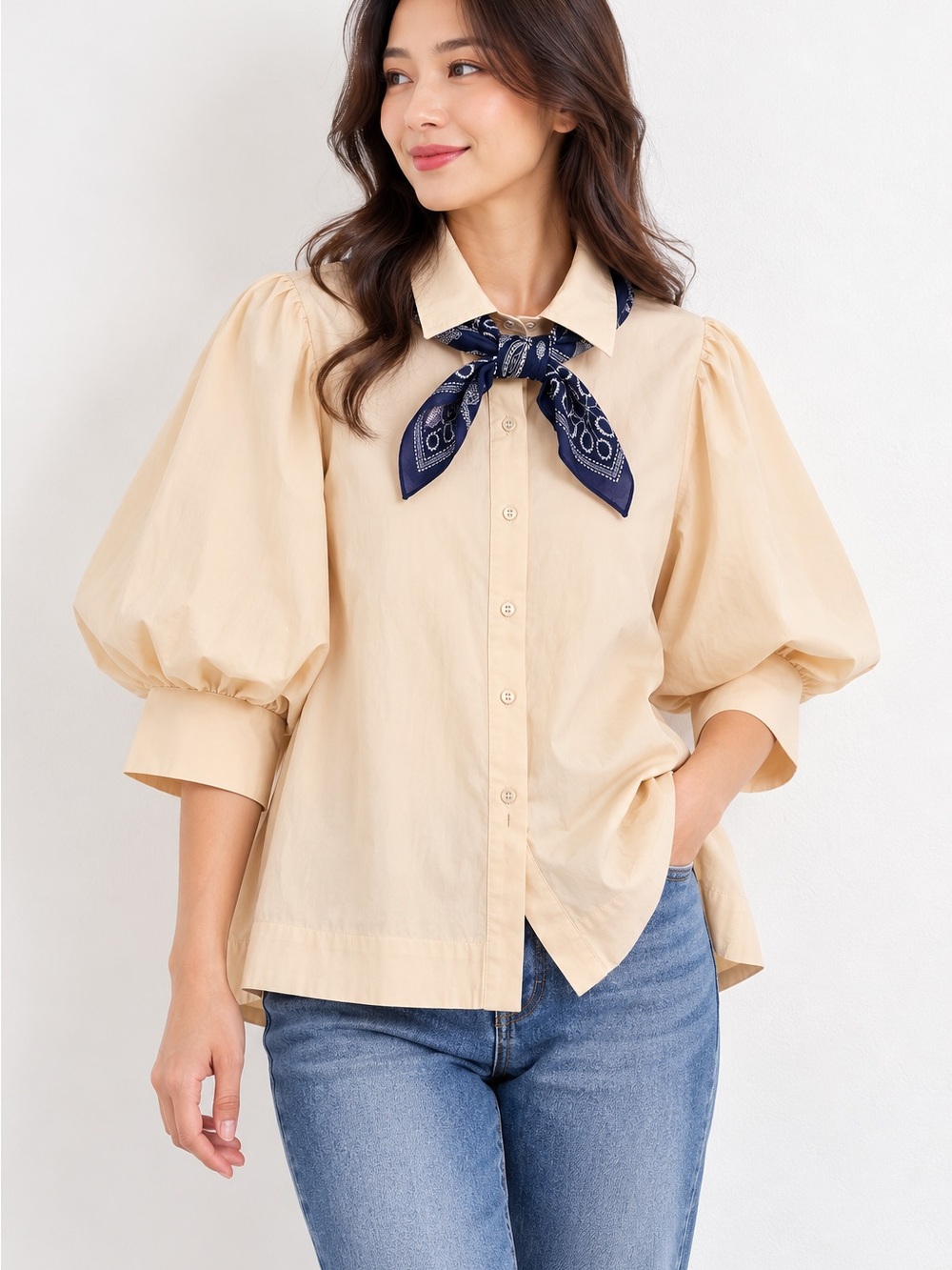 Easel Casel Cream Puff Sleeve Button-Up Blouse with Navy Paisley Scarf